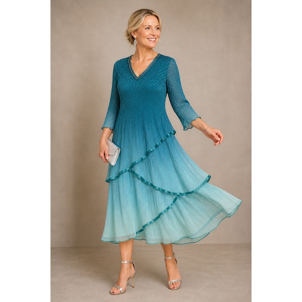 Komarov Midi Dress Women XL Teal Smocked Beaded V-Neck Tiered Asymmetrical